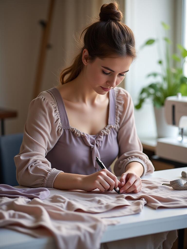 Diseñadora trabajando en prenda a medida en estudio de Madrid